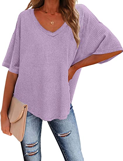 Photo 2 of Women's V Neck Batwing Half Sleeve Shirts Waffle Knit Loose Blouse Solid Color Tops S