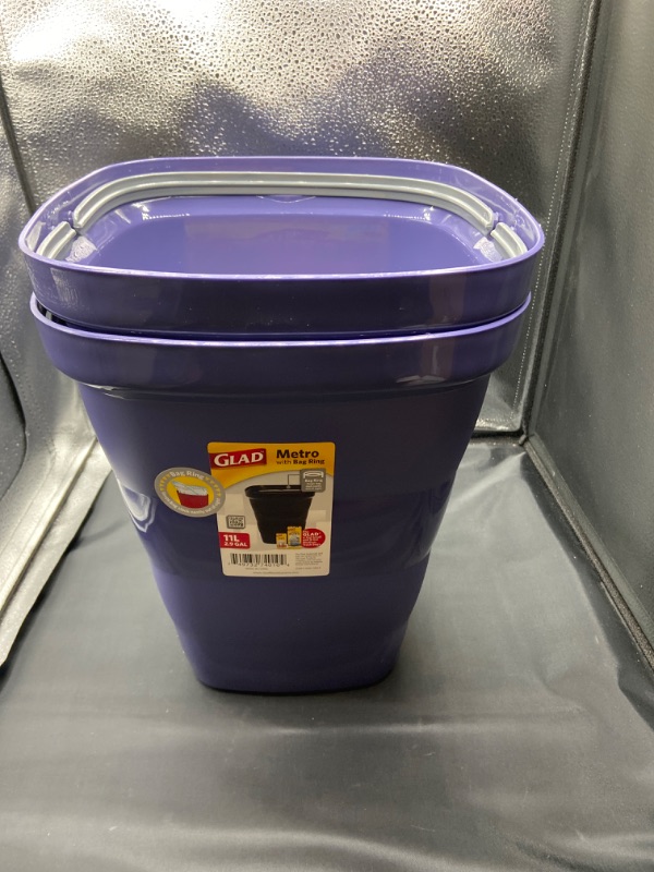 Photo 2 of Glad Metro Plastic Waste Bin – 11L, Square with Bag Ring, Purple 2 Pack 