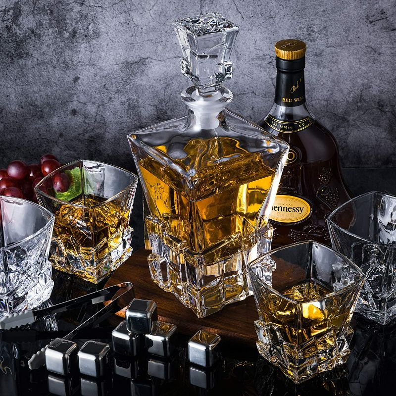 Photo 2 of  Whiskey Decanter Set with 5 Crystal Glasses,8 Stainless Steel Ice Cubes & Tong,Whiskey Gifts for Men,Rocks Glass,Lowball Bar Glass for Brandy,Cocktail,Vodka,Bourbon,Cognac