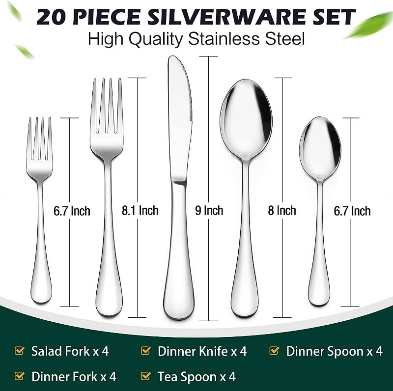 Photo 2 of LIANYU 20 Piece Silverware Flatware Cutlery Set, Stainless Steel Utensils Service for 4, Include Knife Fork Spoon, Mirror Polished, Dishwasher Safe