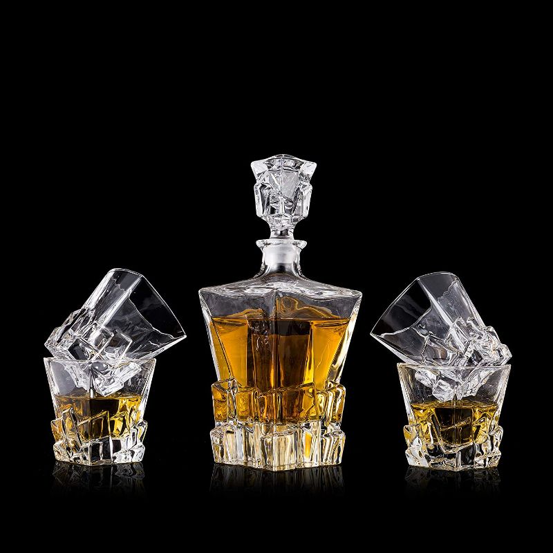 Photo 3 of Whiskey Decanter Set with 5 Crystal Glasses,8 Stainless Steel Ice Cubes & Tong,Whiskey Gifts for Men,Rocks Glass,Lowball Bar Glass for Brandy,Cocktail,Vodka,Bourbon,Cognac