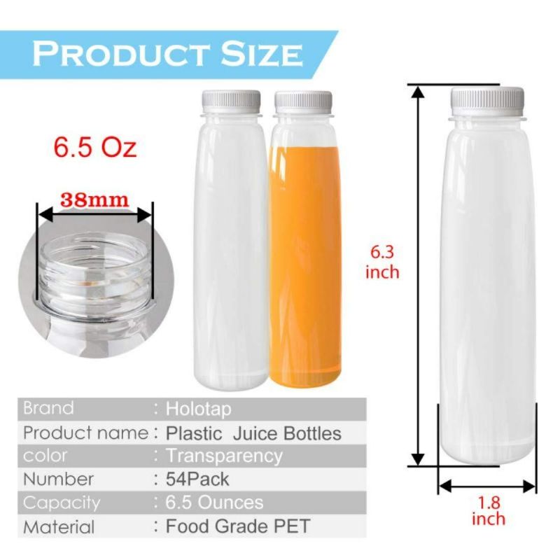 Photo 3 of Holotap 54pcs 7oz Plastic Juice Bottles with Caps, Clear Disposable Plastic Bottles Bulk with White Tamper Evident Lids (7 OZ, White)