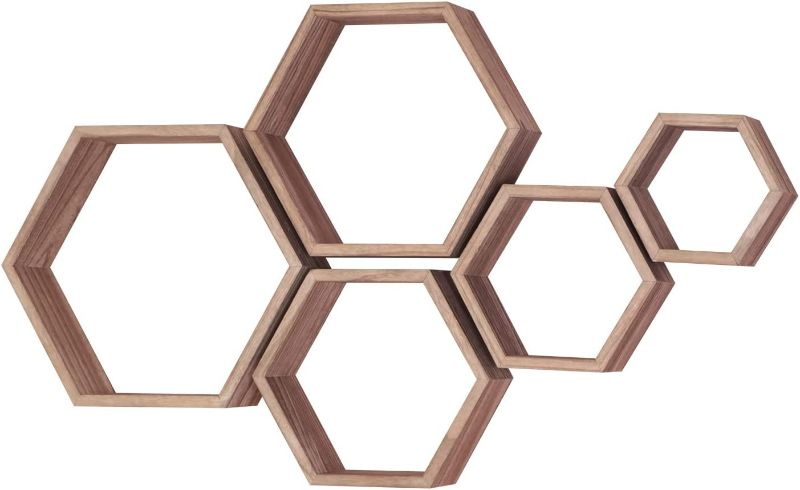 Photo 1 of Hexagon Floating Shelves,Wall Mounted Wood Farmhouse Storage Honeycomb Wall Shelf Set of 5,for Bathroom, Kitchen, Bedroom, Living Room,Office,Home Room Wall Decor Driftwood Finish 