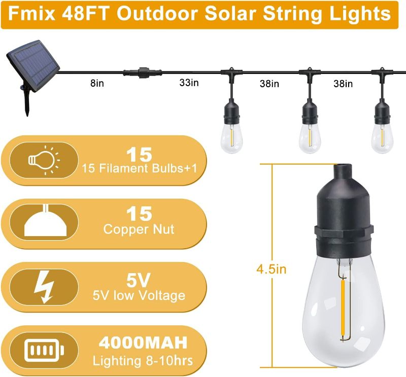Photo 1 of Fmix 48FT Outdoor Solar String Lights, 15 Bulbs Outdoor String Lights Solar Powered, IP65 Waterproof Shatterproof 5V Low Voltage Solar Outdoor String Lights Patio Lights