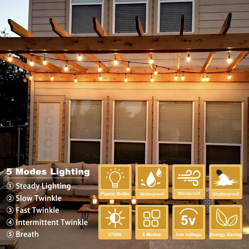 Photo 3 of Fmix 48FT Outdoor Solar String Lights, 15 Bulbs Outdoor String Lights Solar Powered, IP65 Waterproof Shatterproof 5V Low Voltage Solar Outdoor String Lights Patio Lights