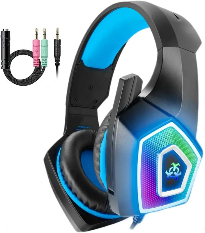 Photo 2 of Gaming Headset with Mic for Xbox One PS4 PS5 PC Switch Tablet Smartphone, Headphones Stereo Over Ear Bass 3.5mm Microphone Noise Canceling 7 LED Light Soft Memory Earmuffs(Free Adapter)