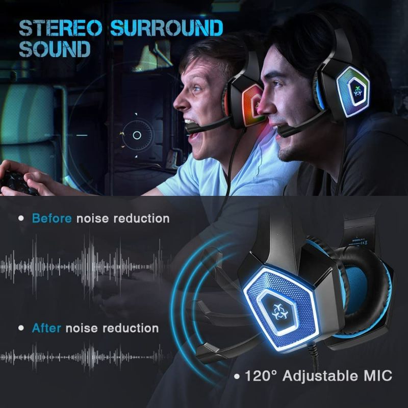 Photo 3 of Gaming Headset with Mic for Xbox One PS4 PS5 PC Switch Tablet Smartphone, Headphones Stereo Over Ear Bass 3.5mm Microphone Noise Canceling 7 LED Light Soft Memory Earmuffs(Free Adapter)