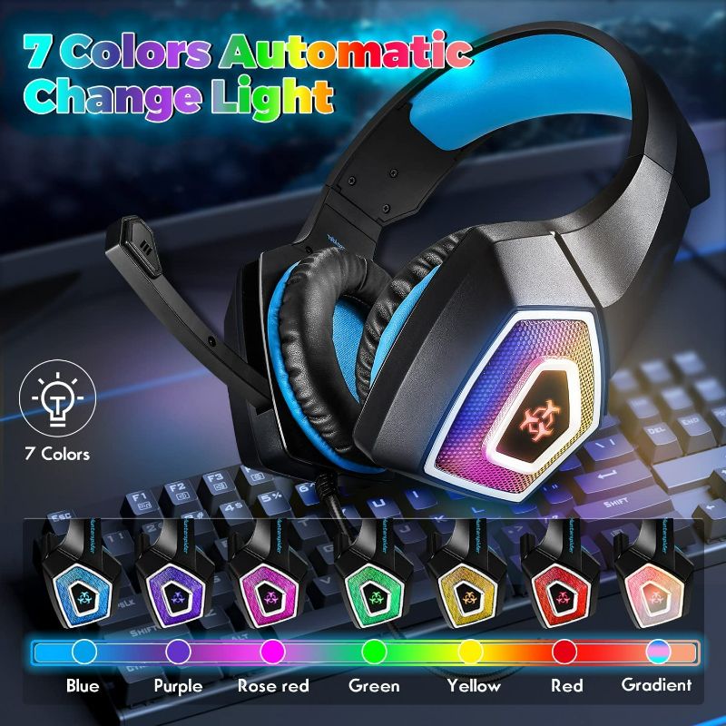 Photo 1 of Gaming Headset with Mic for Xbox One PS4 PS5 PC Switch Tablet Smartphone, Headphones Stereo Over Ear Bass 3.5mm Microphone Noise Canceling 7 LED Light Soft Memory Earmuffs(Free Adapter)
