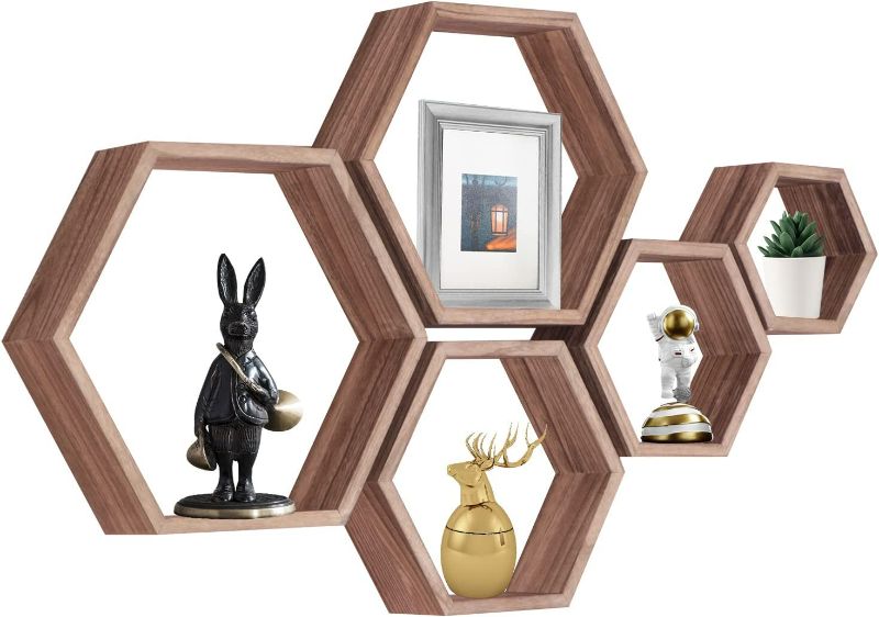 Photo 3 of Hexagon Floating Shelves,Wall Mounted Wood Farmhouse Storage Honeycomb Wall Shelf Set of 5,for Bathroom, Kitchen, Bedroom, Living Room,Office,Home Room Wall Decor Driftwood Finish (Carbonized Black)