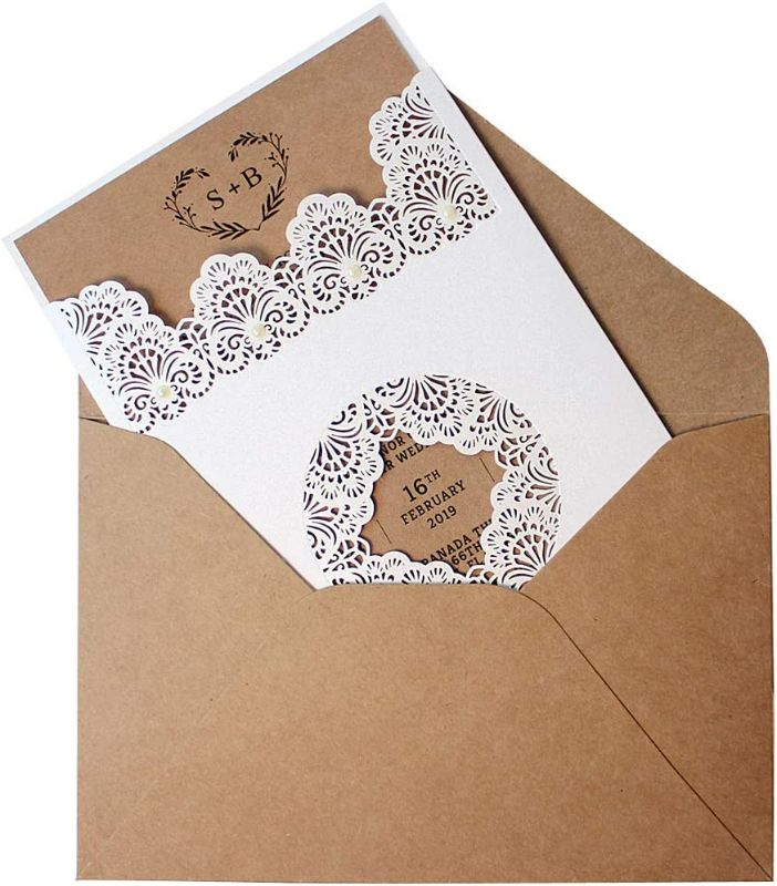 Photo 1 of 25-Pack Rustic Wedding Invitations by Picky Bride, Lace Pocket Laser Cut Invitation Cards for Wedding/Bridal Shower, Pearl Decoration, Kraft Paper Envelope Included 5.25x7.25” - Set of 25