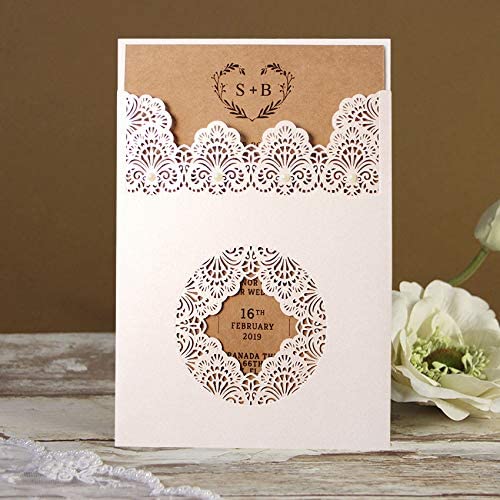 Photo 2 of 25-Pack Rustic Wedding Invitations by Picky Bride, Lace Pocket Laser Cut Invitation Cards for Wedding/Bridal Shower, Pearl Decoration, Kraft Paper Envelope Included 5.25x7.25” - Set of 25