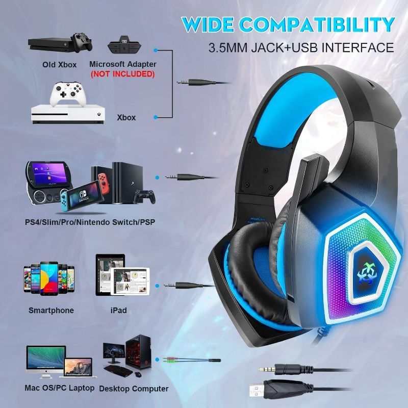 Photo 3 of Gaming Headset with Mic for Xbox One PS4 PS5 PC Switch Tablet Smartphone, Headphones Stereo Over Ear Bass 3.5mm Microphone Noise Canceling 7 LED Light Soft Memory Earmuffs(Free Adapter)