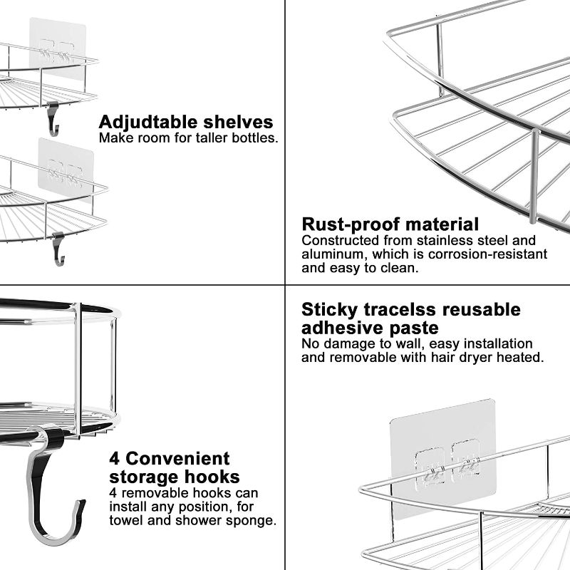 Photo 2 of 2-Pack 9" Rustproof Stainless Steel Corner Shower Caddy, Adhesive Bathroom Wall Mounted Storage Accessories Shower Shelf Organizer, Chrome