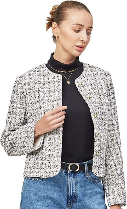 Photo 1 of Yembulk Women's Plaid Tweed Long Sleeve Plaid Jacket Coat Blazer Button Decorated Woven Tops for Women Winter Spring Autumn Small