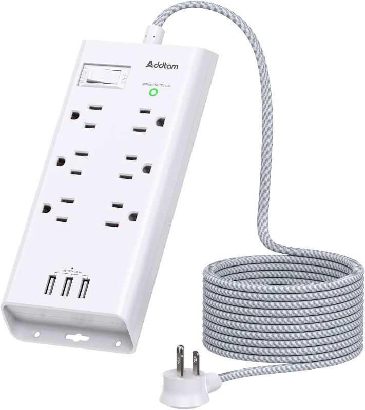 Photo 1 of Power Strip Surge Protector - Addtam 10Ft Long Extension Cord with 6 Outlets and 3 USB Ports, Flat Plug Overload Surge Protection Outlet Strip, Wall Mount for Home, Office and More
