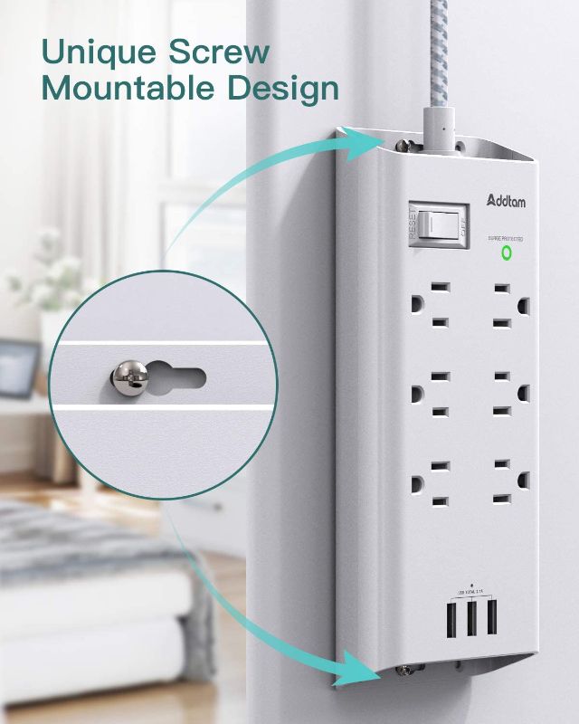 Photo 2 of Power Strip Surge Protector - Addtam 10Ft Long Extension Cord with 6 Outlets and 3 USB Ports, Flat Plug Overload Surge Protection Outlet Strip, Wall Mount for Home, Office and More