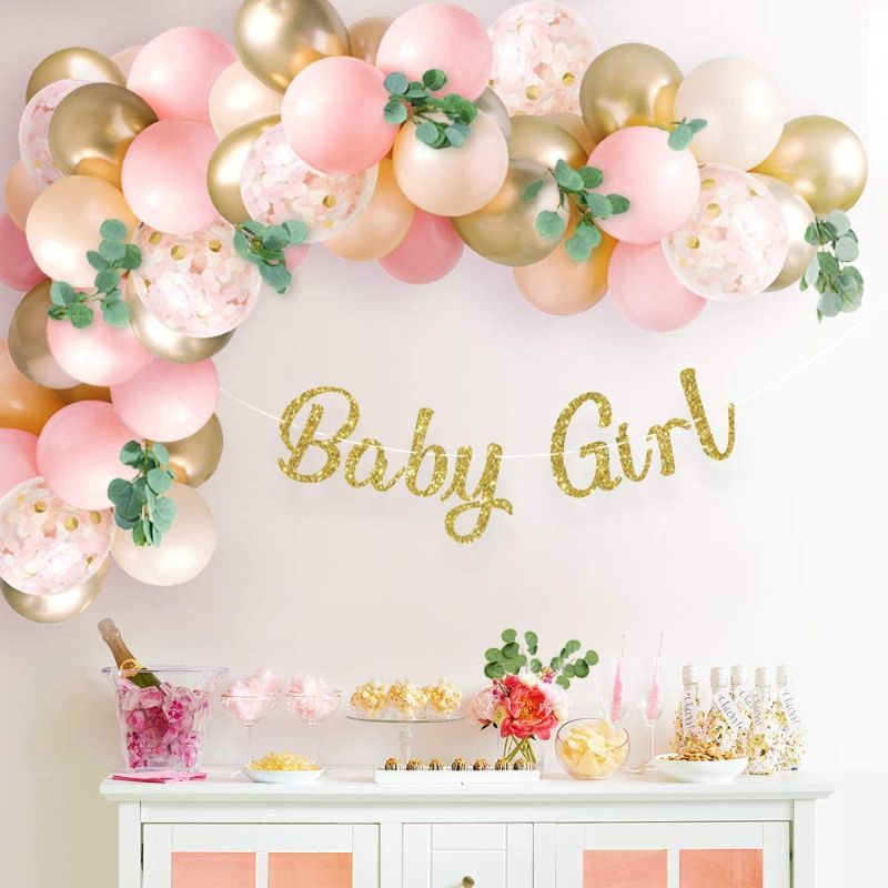 Photo 1 of Sweet Baby Co. Baby Shower Decorations for Girl with Pink Balloon Arch Garland Kit, Baby Girl Banner Decor, Eucalyptus Boho Greenery Vine, Light Pink, Peach Blush, Gold, Confetti Balloons