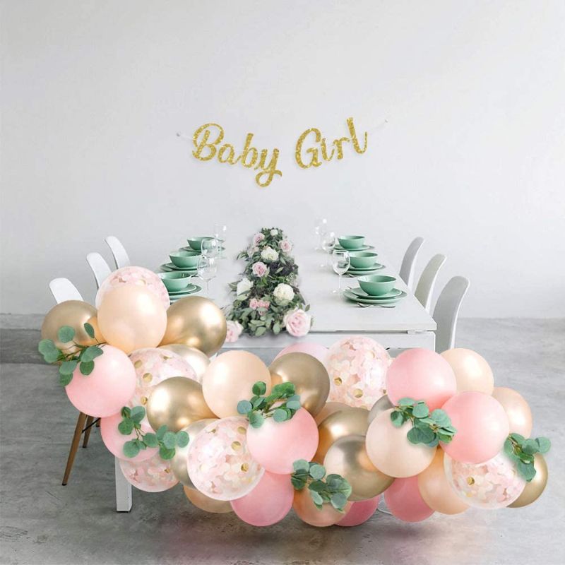 Photo 2 of Sweet Baby Co. Baby Shower Decorations for Girl with Pink Balloon Arch Garland Kit, Baby Girl Banner Decor, Eucalyptus Boho Greenery Vine, Light Pink, Peach Blush, Gold, Confetti Balloons