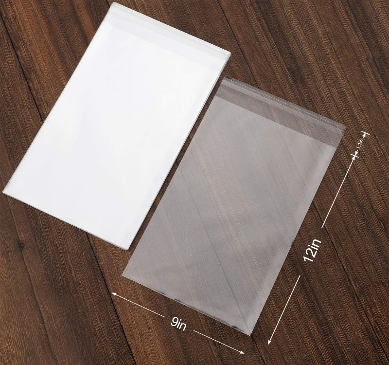 Photo 2 of 100 pcs Clear 9" x 12" Self Seal Cello Cellophane Bags Resealable Poly Bags 2.8 mils OPP Bag for Packaging Clothing, T Shirts, A4, Party Decorative Gift