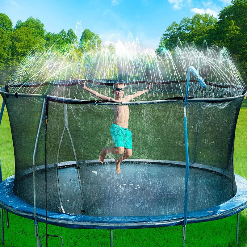 Photo 1 of Bobor Trampoline Sprinkler for Kids, Outdoor Trampoline Backyard Water Park Sprinkler Fun Summer Outdoor Water Toys for Boys Girls (Black, 39ft)