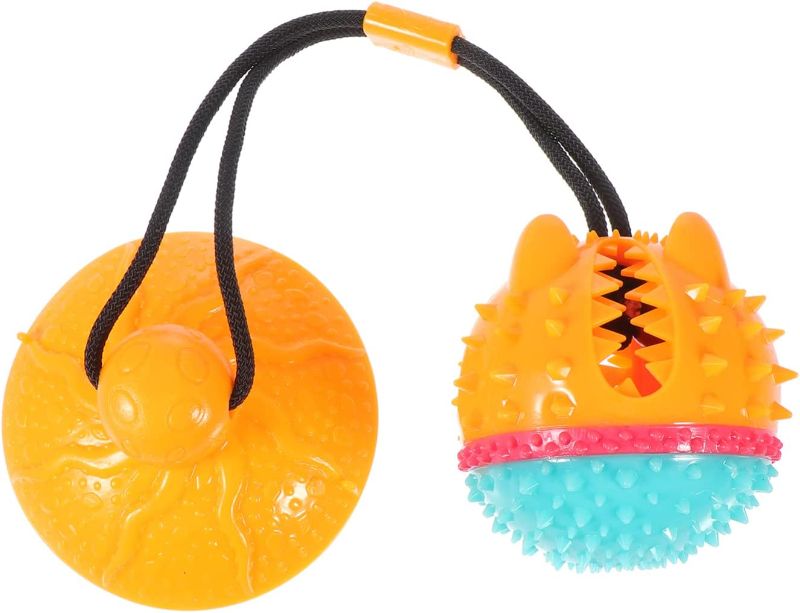 Photo 2 of balacoo Dog Chew Suction Cup Tug of War Toy Interactive Pet Aggressive Chewers Rope Puzzle Toothbrush Molar Bite Squeaky Toys Ball with Teeth Cleaning and Food Dispensing Features Orange