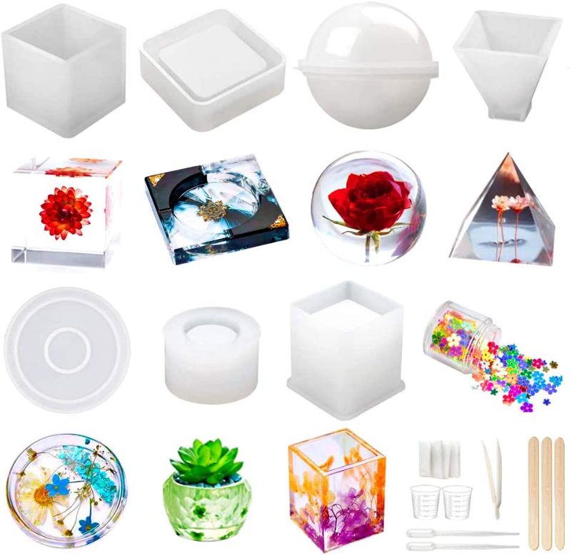 Photo 1 of Resin Molds Silicone Kit 20Pcs,Epoxy Resin Molds Including Sphere,Cube,Pyramid,Square,Round, Used for Create Art,DIY,Ash trays,Coasters,Candles.Bonus Decorative Sequins and The Complete Set Tools