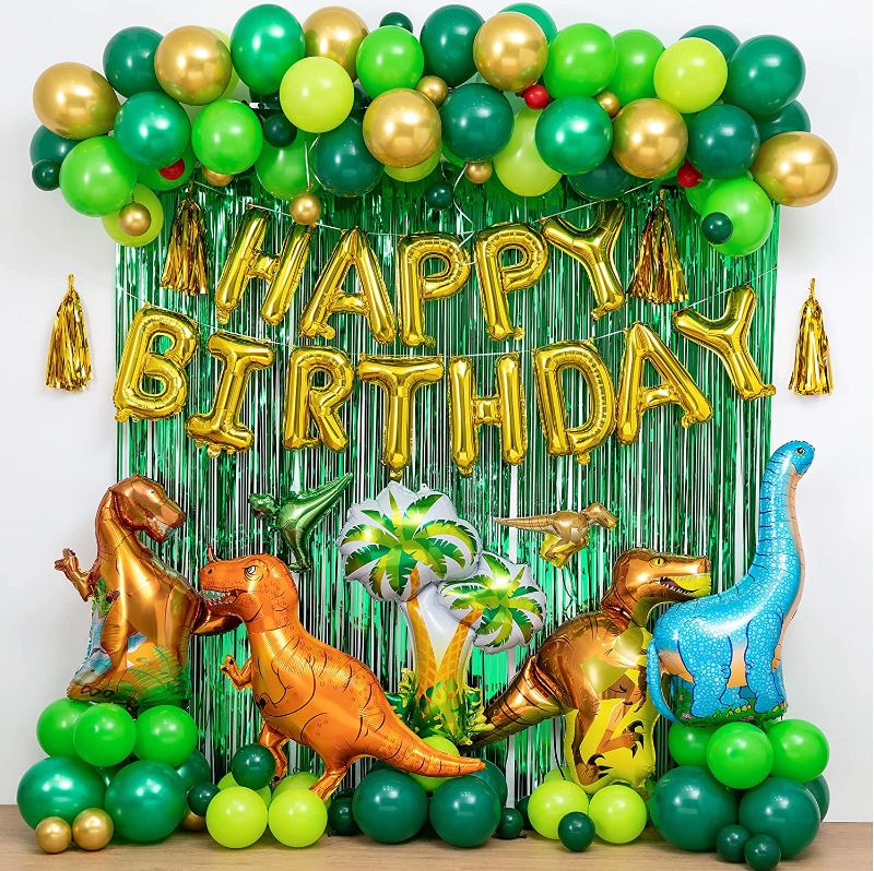 Photo 2 of Dinosaur Birthday Party Decorations&Balloons Arch Garland Kit(Gold,Green),Dinosaurs Balloons,HAPPY BIRTHDAY Balloons,Curtains,for Dino Themed Kid's Party,Shower,Celebration.