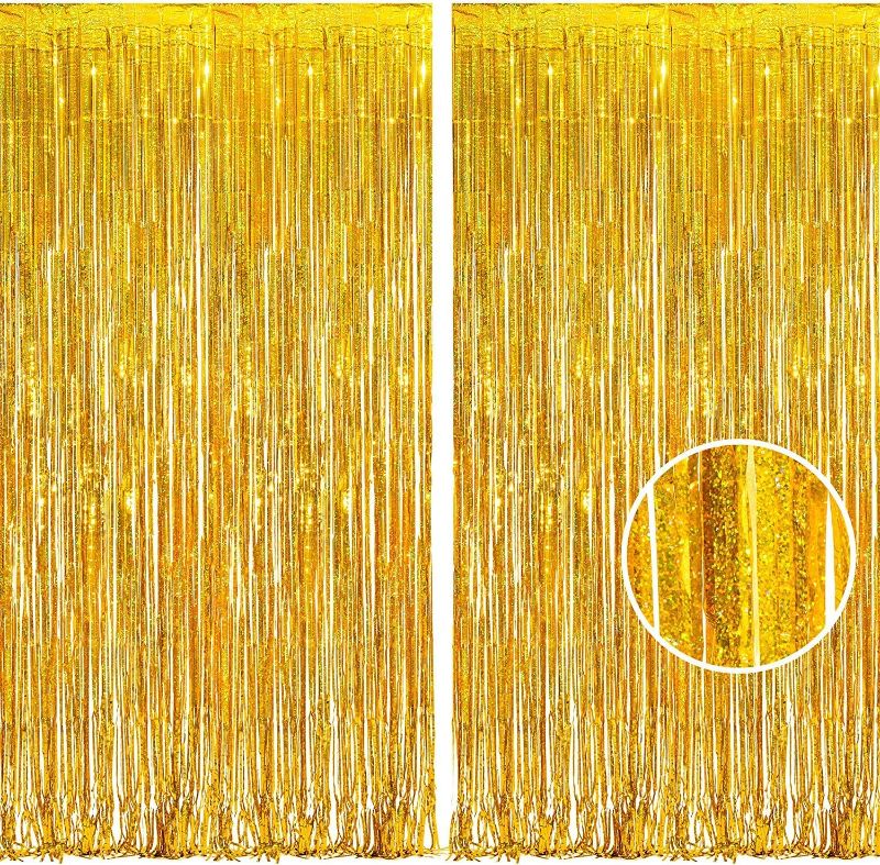 Photo 1 of       BRAVESHINE Gold Glitter Tinsel Foil Fringe Curtains - 2Pcs 3.2x8.2ft Holiday Photo Backdrop for Birthday Graduation Wedding Bridal Bachelorette Baby Shower Tropical Hawaiian Luau Party Decorations