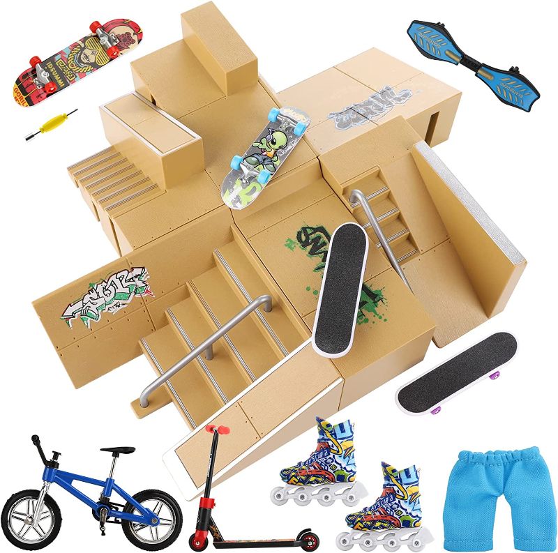 Photo 1 of TIME4DEALS Bigger Skate Park Kit 18 Pcs Finger Skateboard Deck Ramp Set Finger Skatepark 6 Pieces & Mini Finger Toys Kit Handboards Scooter Skates Bike Caster Board Accessories Fingerboard Park Gift