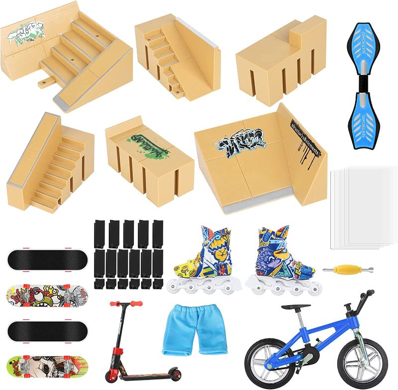 Photo 2 of TIME4DEALS Bigger Skate Park Kit 18 Pcs Finger Skateboard Deck Ramp Set Finger Skatepark 6 Pieces & Mini Finger Toys Kit Handboards Scooter Skates Bike Caster Board Accessories Fingerboard Park Gift