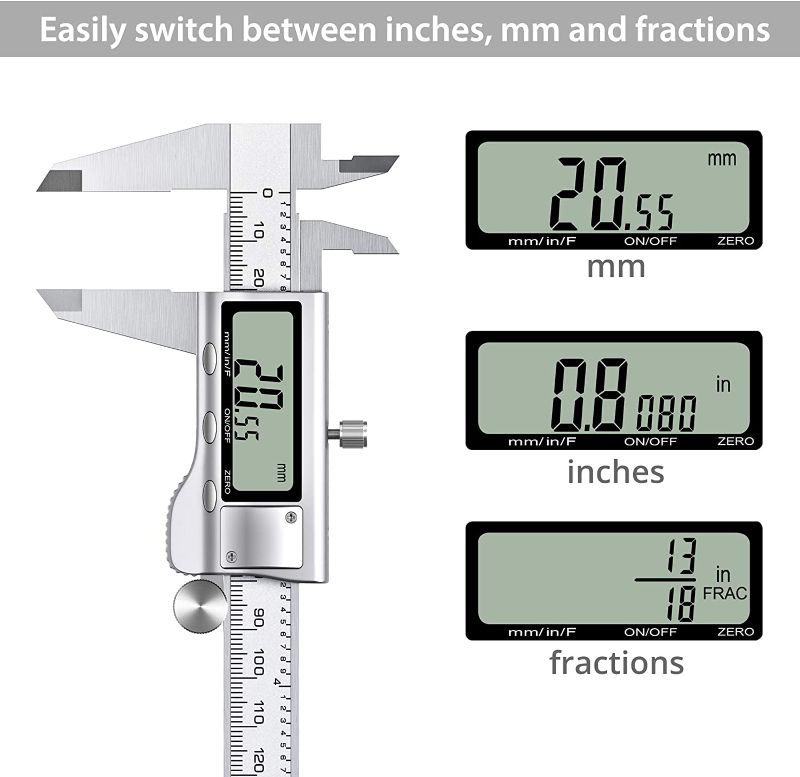 Photo 2 of Proster Digital Vernier Caliper 6inch/150mm + 32 Feeler Gauges Dial Calipers Electronic Caliper Fractions/Inch/Metric Calipers Measuring Tool for Length Width Depth Inner/Outer Diameter