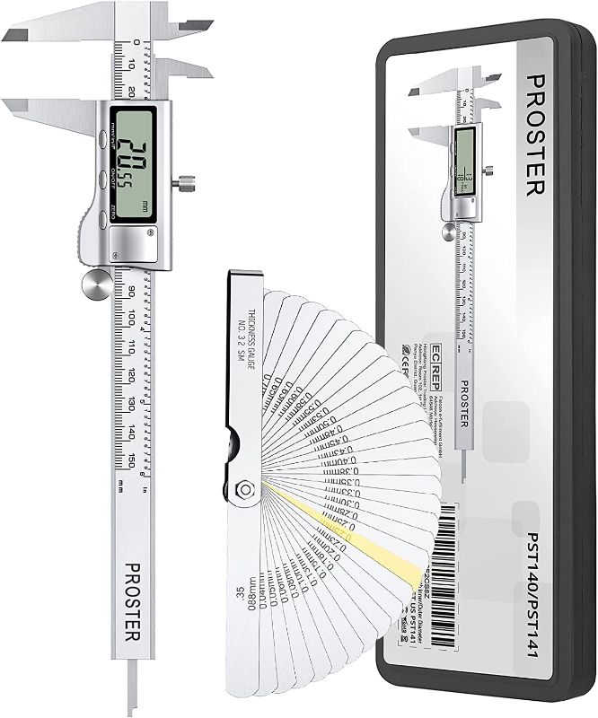 Photo 1 of Proster Digital Vernier Caliper 6inch/150mm + 32 Feeler Gauges Dial Calipers Electronic Caliper Fractions/Inch/Metric Calipers Measuring Tool for Length Width Depth Inner/Outer Diameter