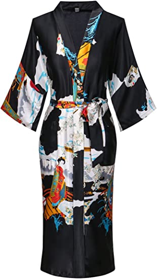 Photo 2 of Women Long Silky Bathrobe Satin Kimono Robe Floral Printed Dressing Gown Sleepwear