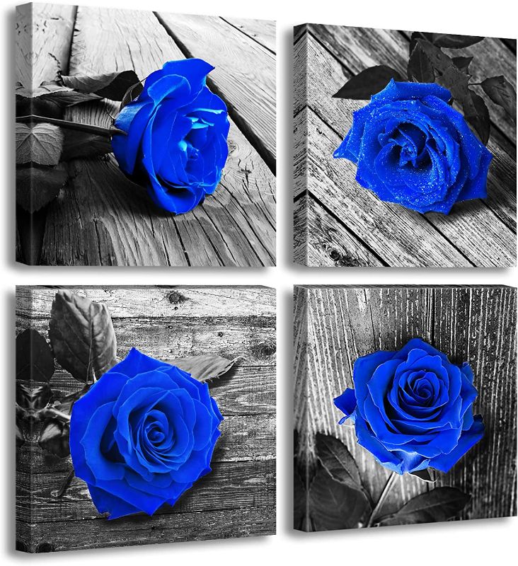 Photo 1 of JiazuGo Canvas Wall Art Room Decorations Large Modern Black White Blue Rose Floral Pictures on Grey Valentine's Day Framed Flower Paintings Decor Multi Panel Turquoise Artwork Living Women Bedroom