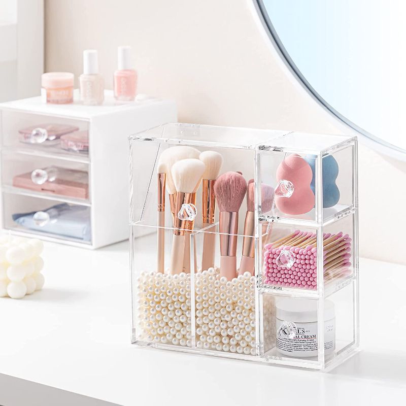 Photo 2 of HBlife Makeup Brush Holder, Acrylic Makeup Organizer with 2 Brush Holders and 3 Drawers Dustproof Box, Free Beige Pearl Included