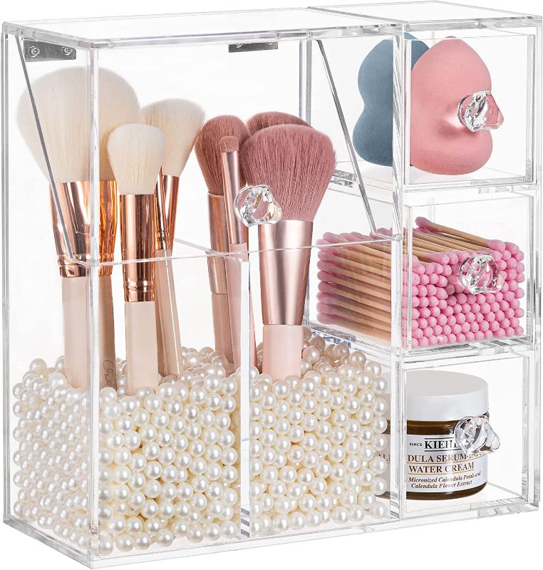 Photo 1 of HBlife Makeup Brush Holder, Acrylic Makeup Organizer with 2 Brush Holders and 3 Drawers Dustproof Box, Free Beige Pearl Included