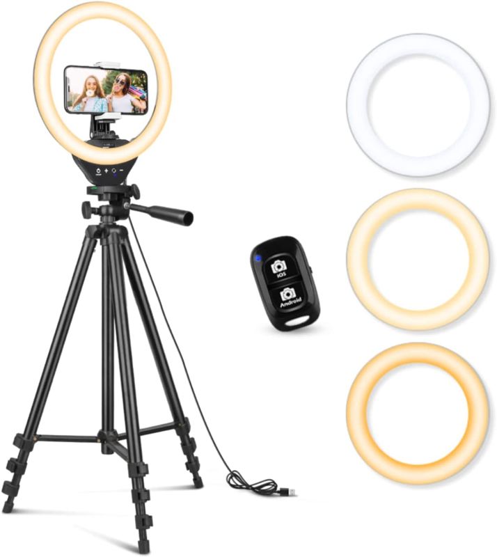 Photo 1 of Sensyne 10'' Ring Light with 50'' Extendable Tripod Stand, LED Circle Lights with Phone Holder for Live Stream/Makeup/YouTube Video/TikTok, Compatible with All Phones