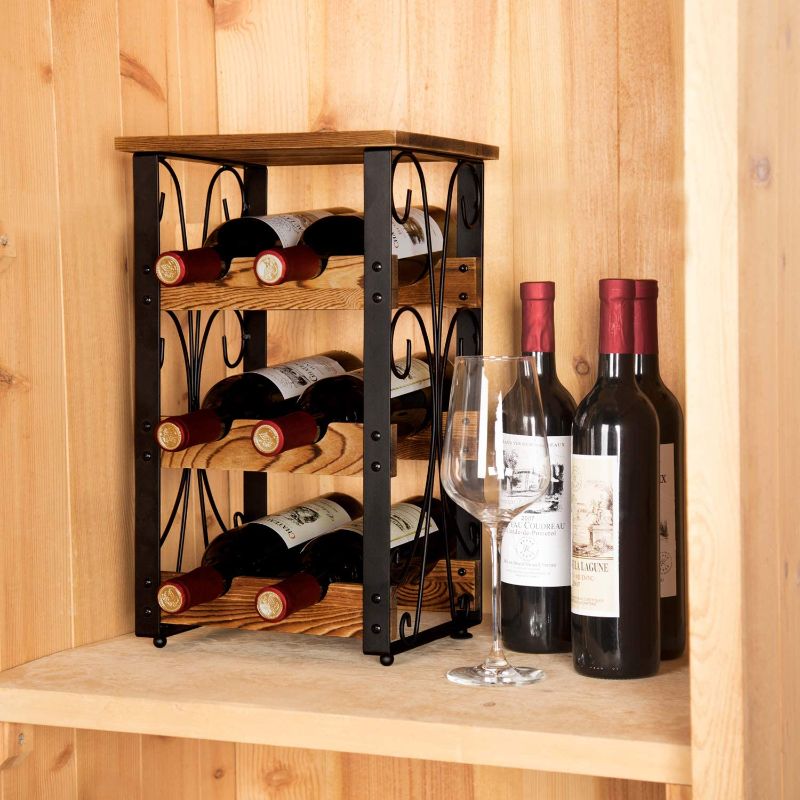 Photo 2 of X-cosrack Rustic 6 Bottles Tabletop Wine Rack Freestanding 3 Tier Wine Organizer Holder Stand Countertop Liquor Storage Shelf Solid Wood & Iron 10.6" L x 8.6" W x 17.8" H