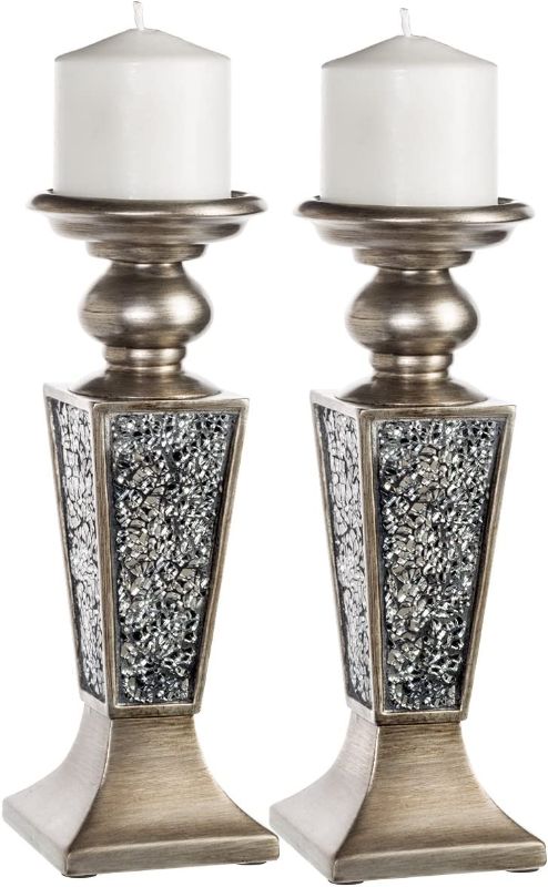 Photo 2 of Creative Scents Schonwerk Pillar Candle Holder Set of 2- Crackled Mosaic Design- Home Coffee Table Decor Decorations Centerpiece for Dining/Living Room- Best Wedding Gift (Silver)