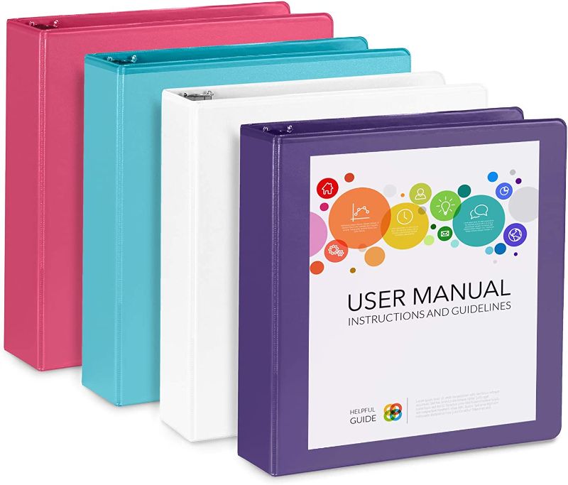 Photo 1 of 4 Pack 2 Inch 3 Ring Binders, Rugged Design for Home, Office, and School, Designed for of 8.5 Inch x 11 Inch Paper, Purple, White, Aqua Blue, Pink, 4 Binder Assorted Pack, Made in USA