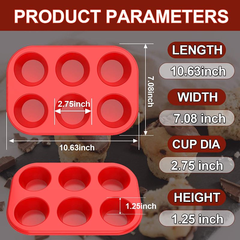 Photo 2 of Silicone Muffin Pan, European LFGB Silicone Cupcake Baking Pan, 6 Cup Muffin, Non-Stick Muffin Tray, Egg Muffin Pan, Food Grade Muffin Molds, BPA Free Muffin Tins Red