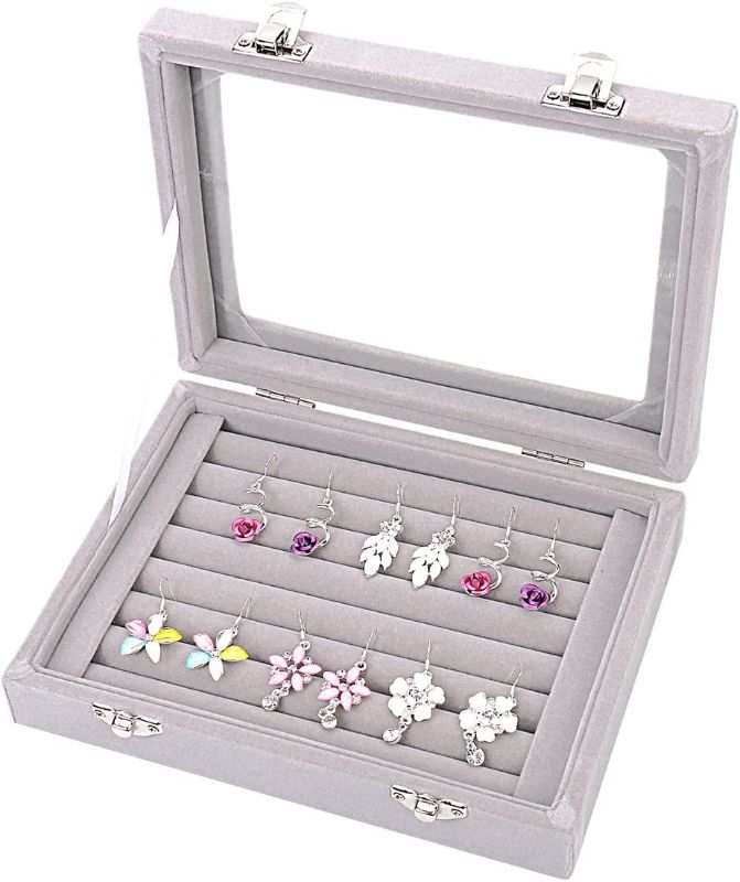 Photo 2 of Ivosmart 7 Slots Velvet Glass Ring Jewellery Display Storage Box Tray Case Holder Earring Organizer Stand Grey