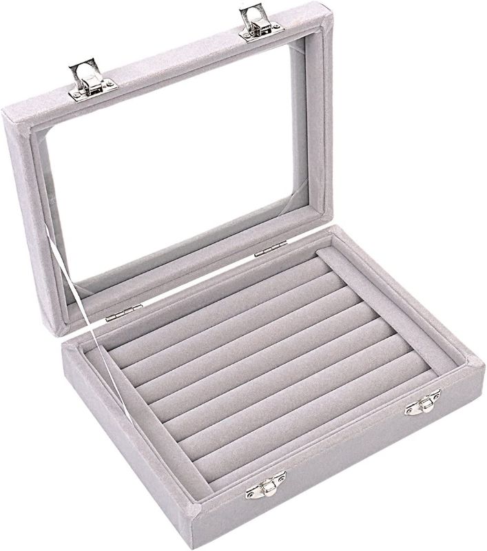 Photo 1 of Ivosmart 7 Slots Velvet Glass Ring Jewellery Display Storage Box Tray Case Holder Earring Organizer Stand Grey