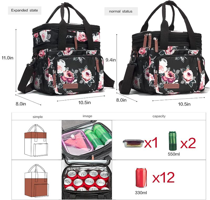 Photo 2 of Lunch Bag Women Flower Insulated Lunch Box for Work, Expandable Large Lunch Bag, Leakproof Double Deck Lunch Box Cooler Bag with Removable Shoulder Strap