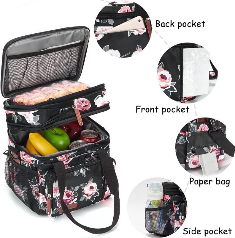 Photo 1 of Lunch Bag Women Flower Insulated Lunch Box for Work, Expandable Large Lunch Bag, Leakproof Double Deck Lunch Box Cooler Bag with Removable Shoulder Strap