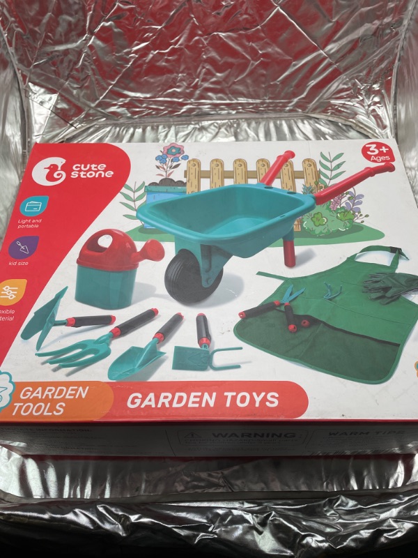 Photo 2 of CUTE STONE Kids Gardening Tool Set, Garden Toys with Wheelbarrow, Watering Can, Gardening Gloves, Hand Rake, Shovel, Trowel, Double Hoe, Apron with Pockets, Outdoor Indoor Toys Gift for Boys Girls