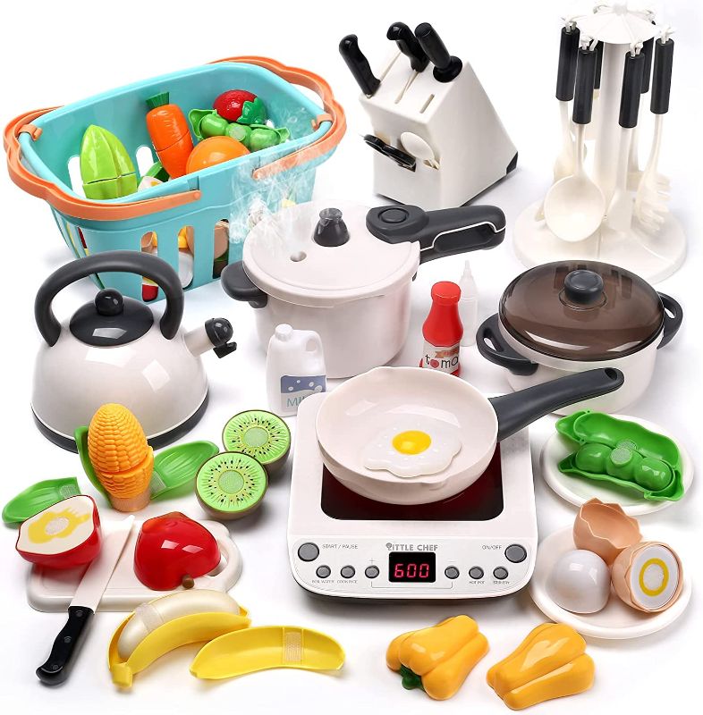 Photo 1 of CUTE STONE Pretend Play Kitchen Toy with Cookware Steam Pressure Pot and Electronic Induction Cooktop, Cooking Utensils, Toy Cutlery, Cut Play Food, Shopping Basket Learning Gift for Girls Boys