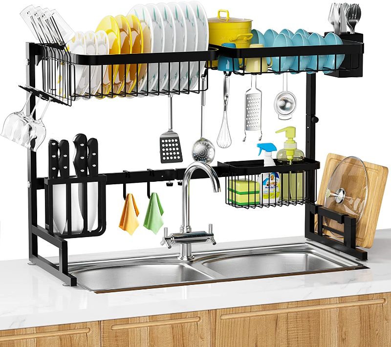 Photo 1 of MERRYBOX Over The Sink Dish Drying Rack, 2-Tier Adjustable Length (25.6-33.5in), Stainless Steel Dish Drainer with Cutting Board Holder, Large Dish Rack for Kitchen Counter Organizer Space Saver