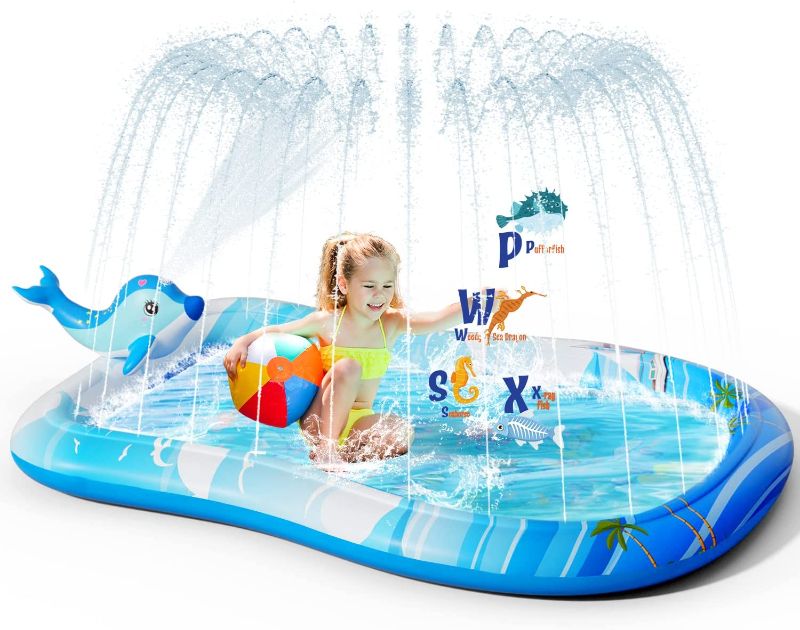 Photo 1 of 2 in 1 Inflatable Kiddie Swimming Pool with Dolphin Sprinkler, Splash Pad Kid Pool Outdoor Backyard Water Play Mat for Garden Party, Summer Fun Toys for Ages 1+ Children Dogs (67”x 47”x 8”)