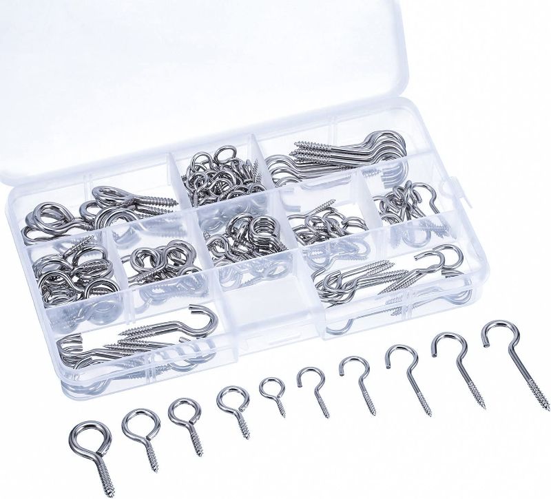 Photo 1 of Screw Hooks and Screw Eyes Kit, Assortment Size Ceiling Hooks Cup Hooks and Eye Bolts, 200 Pieces (Silver)